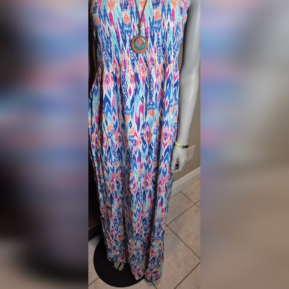 GAP Strapless Maxi Dress in Blue and Pink. - Picture 8 of 12